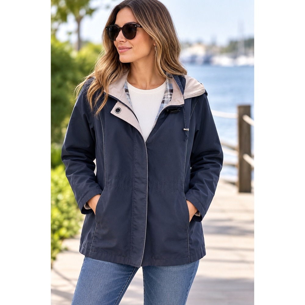 Nautica Windbreaker Jacket Womens L Navy Blue Preppy Coastal Plaid Lined Hood